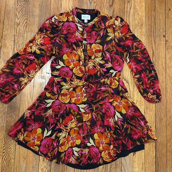 Milly Reina fall foliage Flounce mini Dress in rust multi floral $495 - Picture 2 of 9